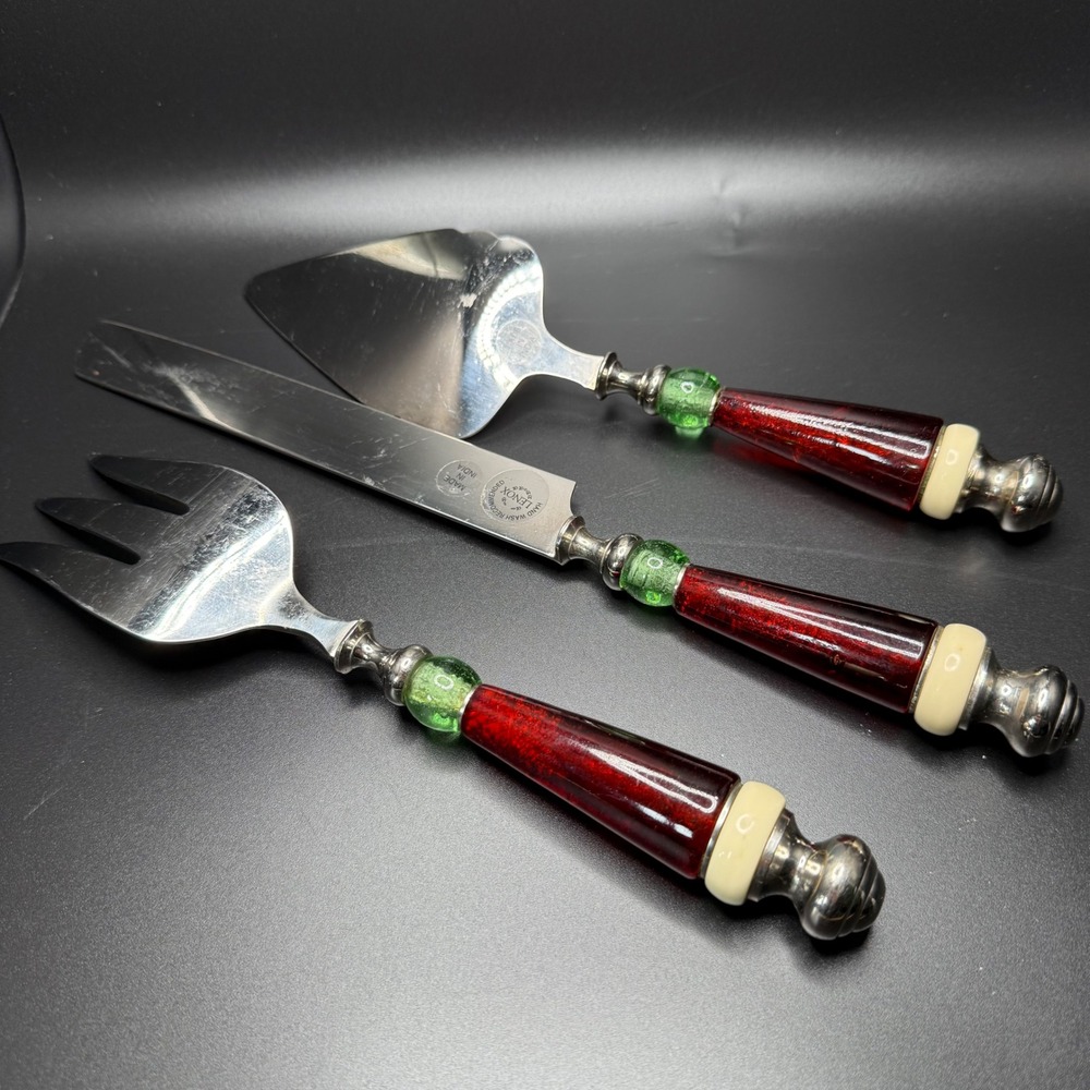 Lenox Serving Utensils Cake Pie Server Fork Knife Set Red Green Beaded Handles - Picture 2 of 4